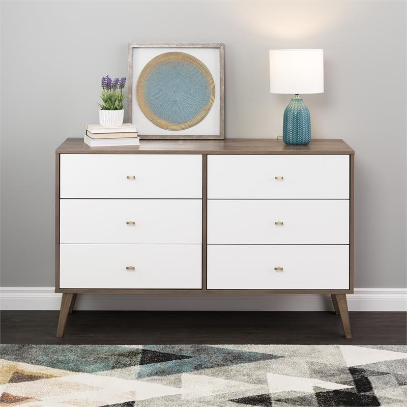 Prepac Milo Mid Century Modern 6-Drawer Dresser-Drifted Gray and White
