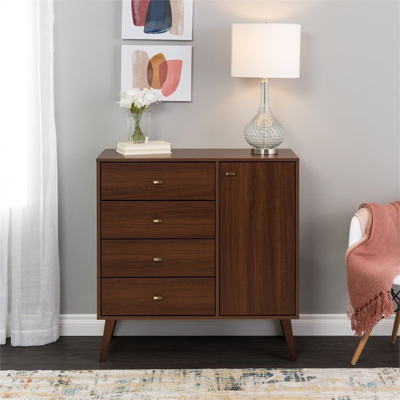 Prepac Milo Mid-Century Wood 4 Drawer Chest with 2 Shelf Cabinet in Cherry