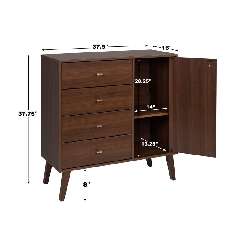 Prepac Milo Mid-Century Wood 4 Drawer Chest with 2 Shelf Cabinet in Cherry