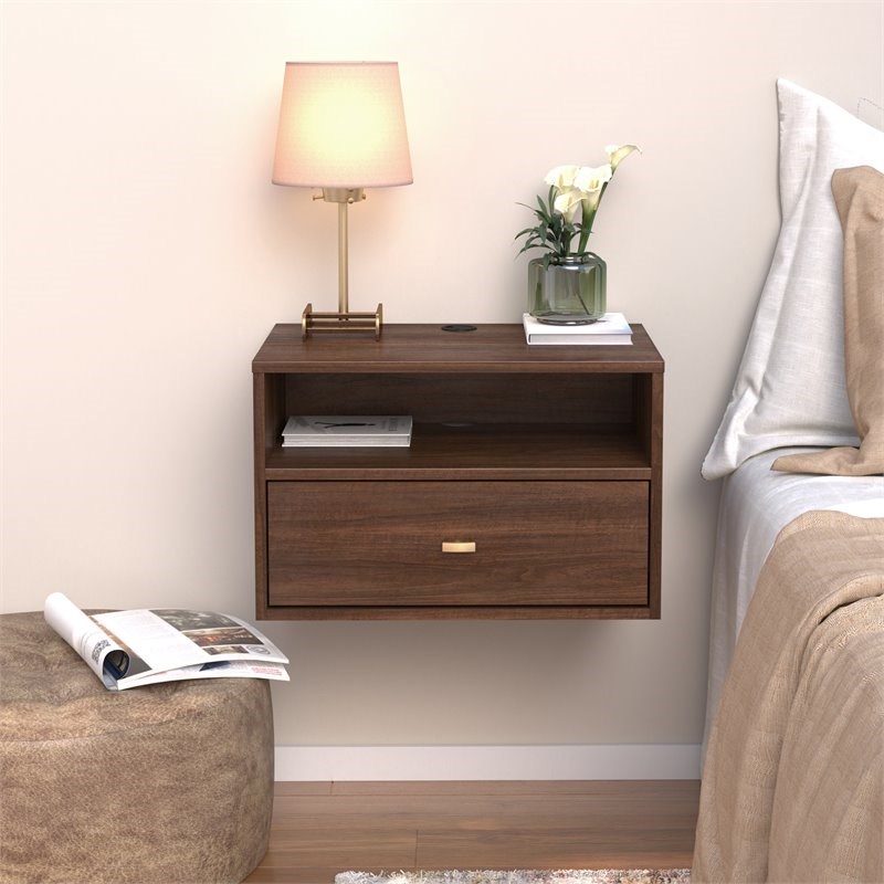Prepac Floating Composite Wood Nightstand with Open Shelf in Cherry Brown