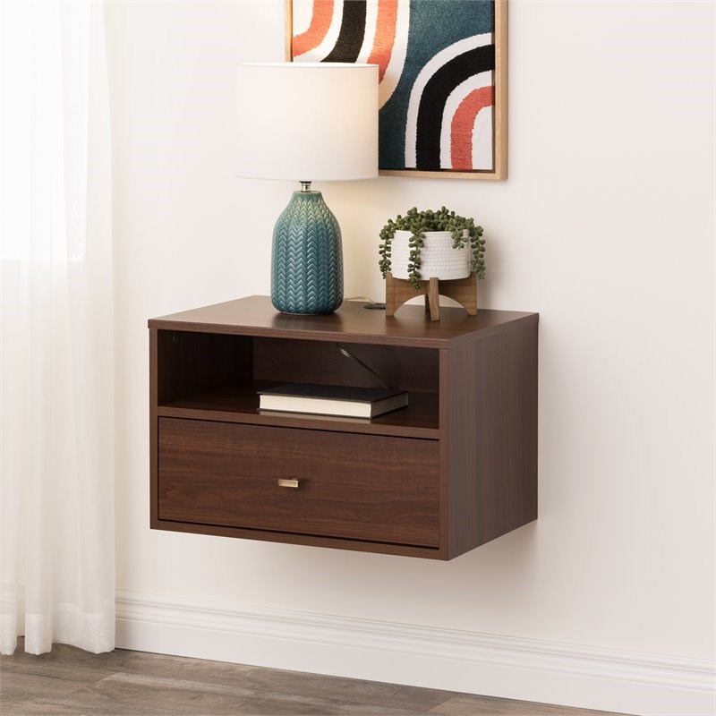 Prepac Floating Composite Wood Nightstand with Open Shelf in Cherry Brown