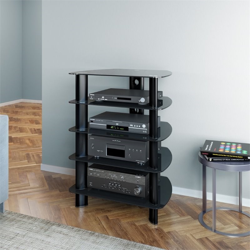 CorLiving Laguna Glass and Satin Black Metal Component Stand