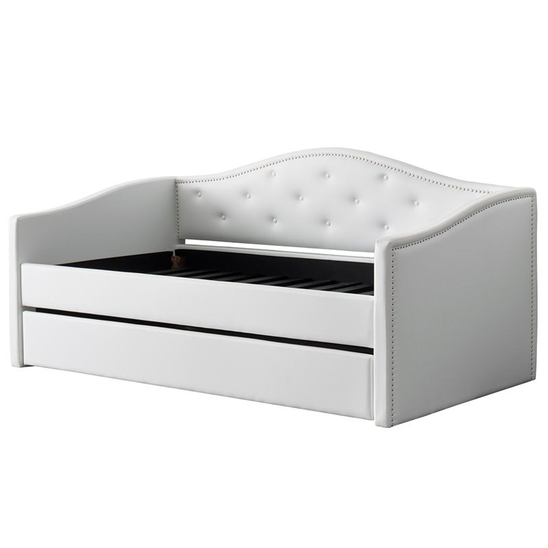 CorLiving Fairfield White Tufted Faux Leather Day Bed with Trundle