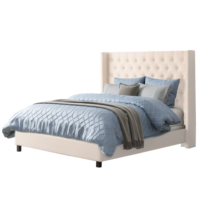 CorLiving Fairfield Cream Fabric Panel Bed with Wings - King