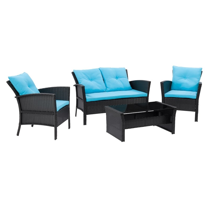 CorLiving Cascade Wicker/Rattan Patio Set with Turquoise Cushions 4pc