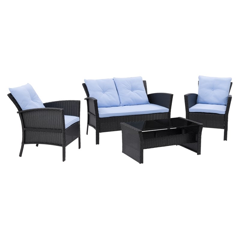 CorLiving Cascade Wicker/Rattan Patio Set with Light Blue Cushions 4pc