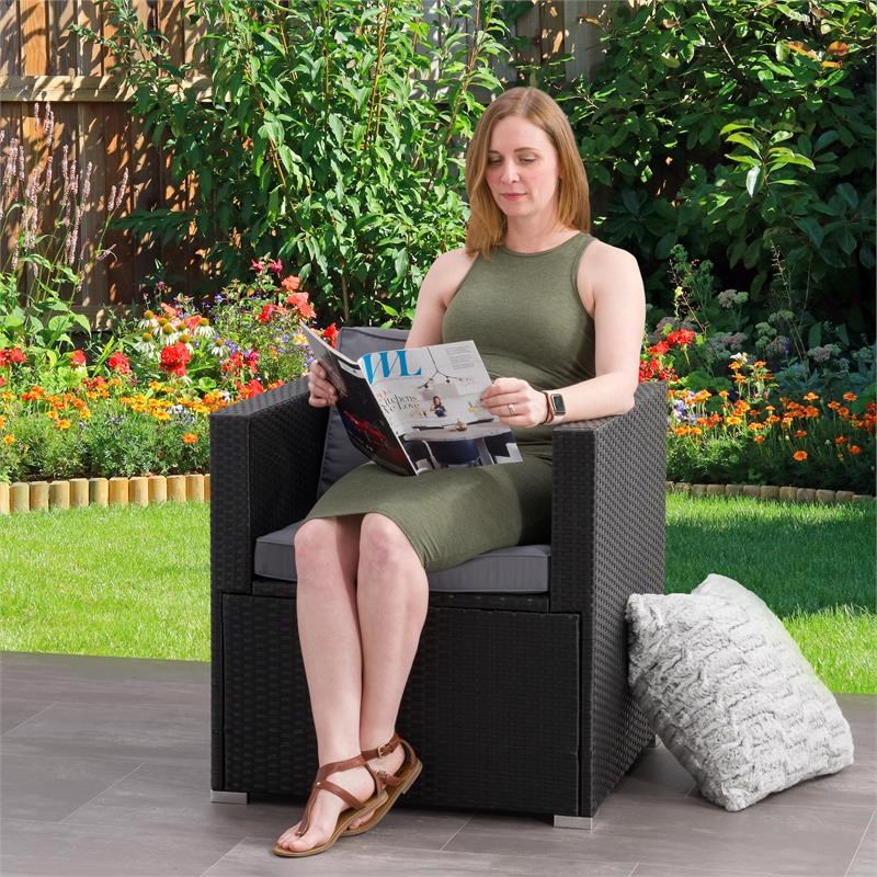 CorLiving Patio Sectional Armchair - Black with Gray Fabric Cushions