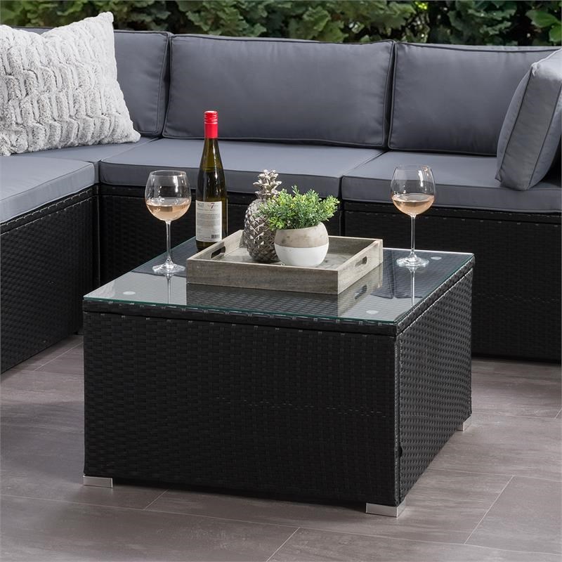 CorLiving Patio Square Glass Top Coffee Table in Black