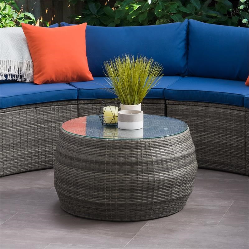 CorLiving Patio Round Glass Top Coffee Table in Blended Grey