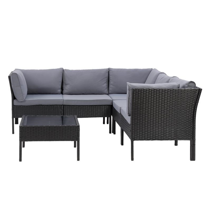 CorLiving Patio Sectional 6pc - Black Finish with Ash Gray Cushions