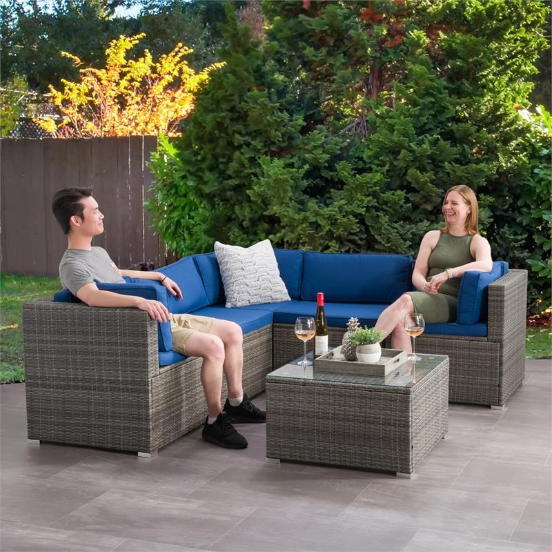 CorLiving Patio Sectional Set 6pc - Grey with Oxford Blue Fabric Cushions