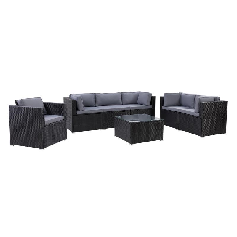 CorLiving Patio Sofa Sectional Set 7pc - Black with Gray Fabric Cushions