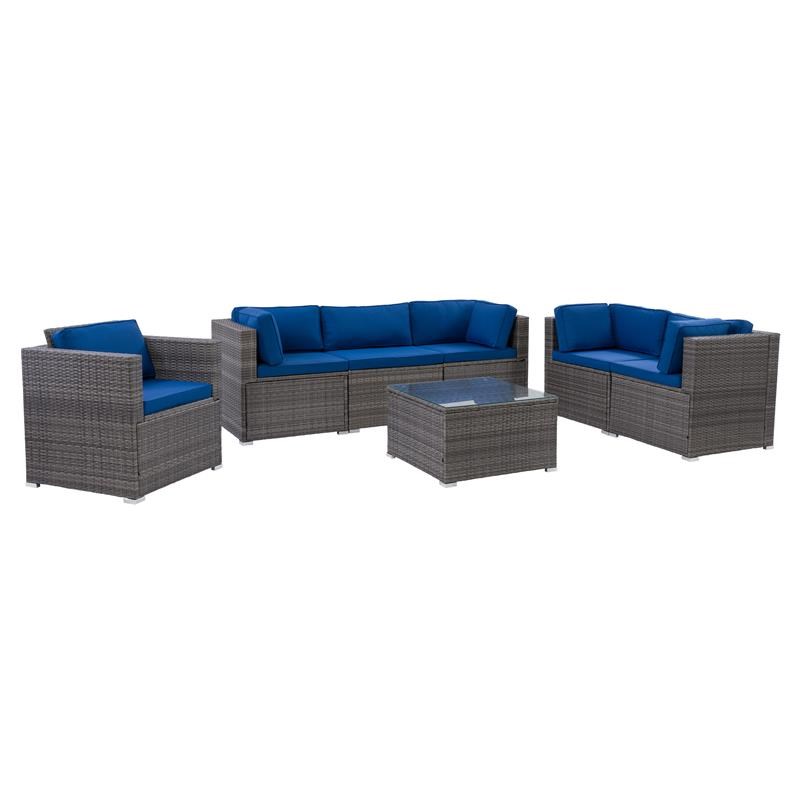 CorLiving Patio Sofa Sectional Set 7pc - Grey with Oxford Blue Fabric Cushions