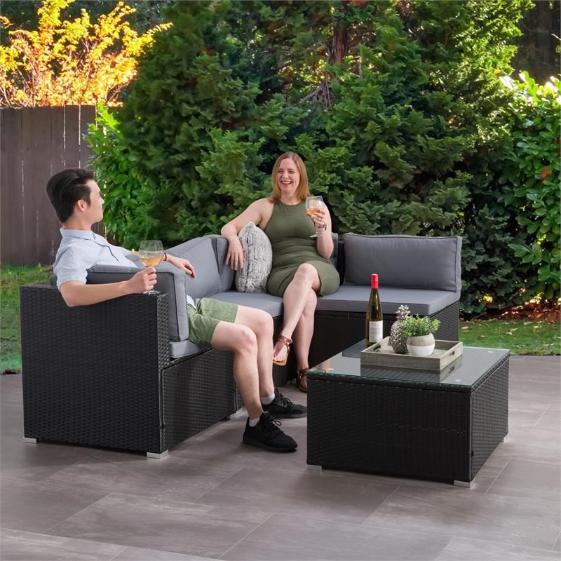 CorLiving Patio Sectional Set 5pc - Black with Gray Fabric Cushions