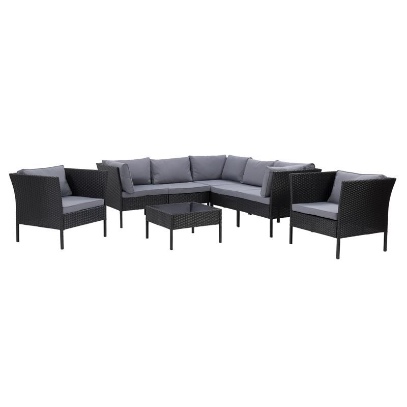 CorLiving 8pc Patio Sectional Set with 2 Chairs - Black with Ash Gray Cushions