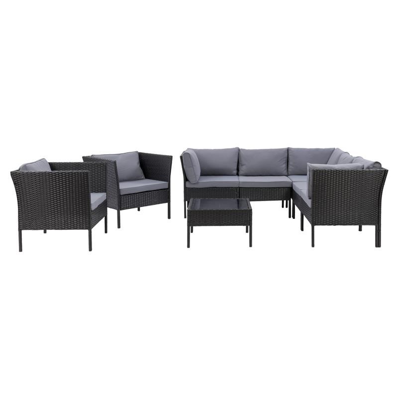 CorLiving 8pc Patio Sectional Set with 2 Chairs - Black with Ash Gray Cushions