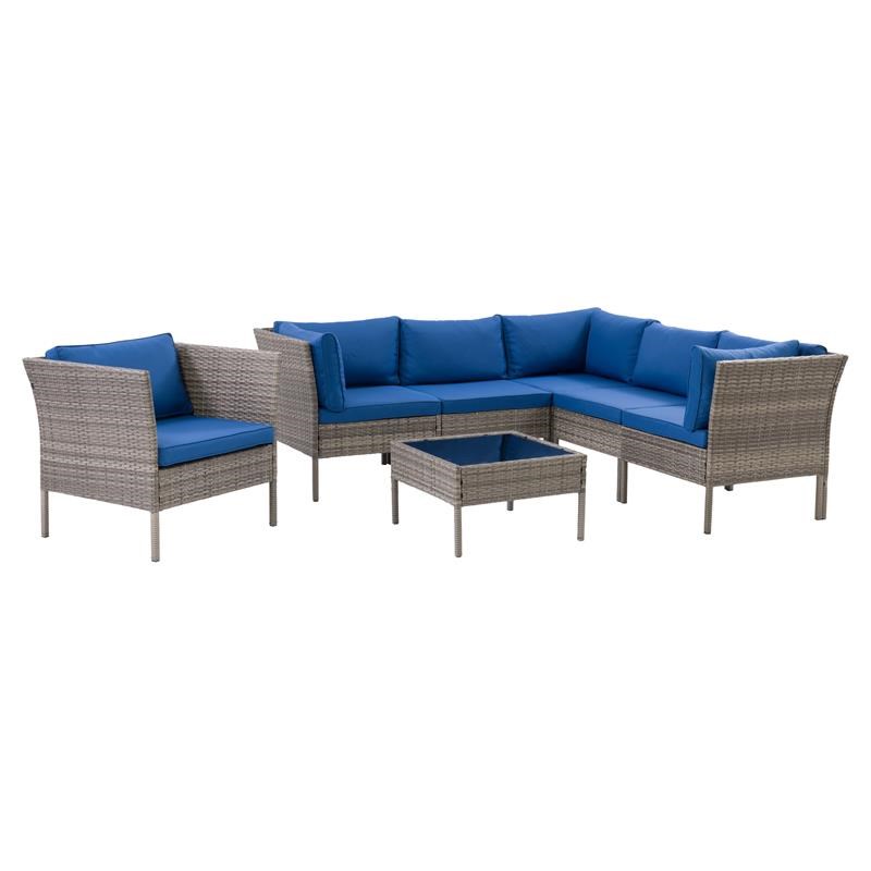 CorLiving 7pc Patio Sectional Set with Chair - Blended Grey with Blue Cushions