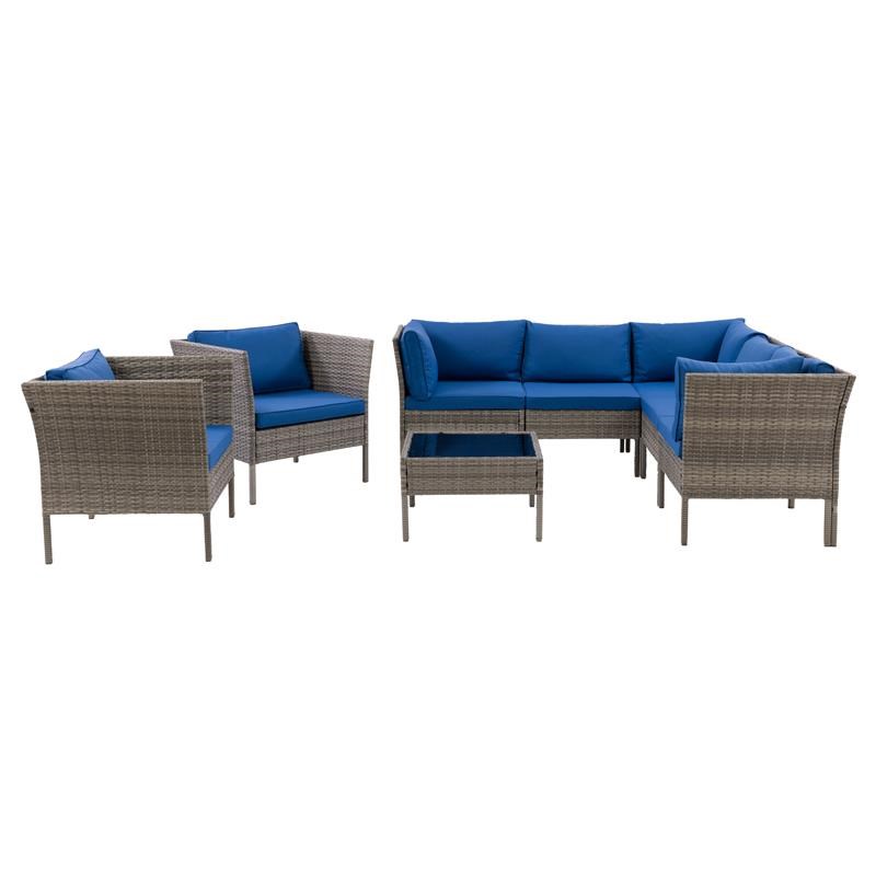 CorLiving 8pc Patio Sectional Set with 2 Chairs-Blended Grey with Blue Cushions