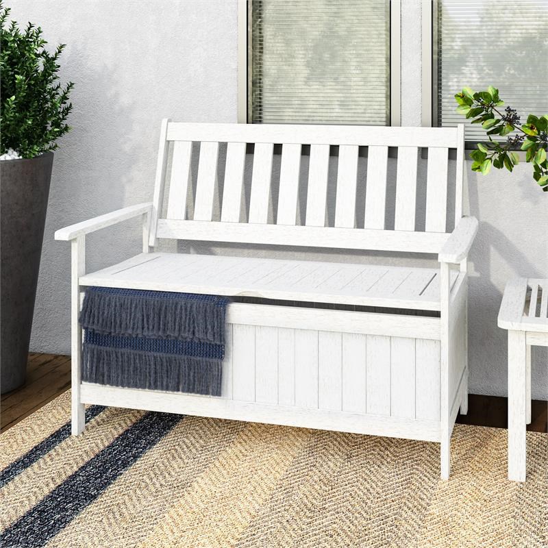 Corliving Miramar White Washed Wood, White Outdoor Patio Bench With Storage