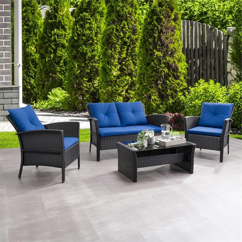 CorLiving Cascade Wicker/Rattan Patio Set with Navy Blue Cushions 4pc
