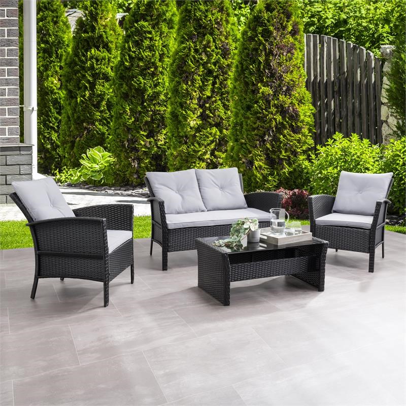 CorLiving Cascade Wicker/Rattan Patio Set with Gray Cushions 4pc
