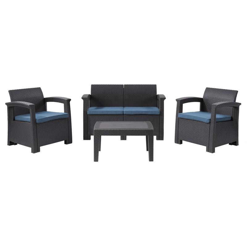 CorLiving Lake Front Black Rattan Patio Set With Blue Cushions 4pc