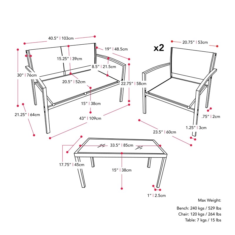 CorLiving Everett Gray Mesh Seat and Metal Frame Conversation Set - 4pc