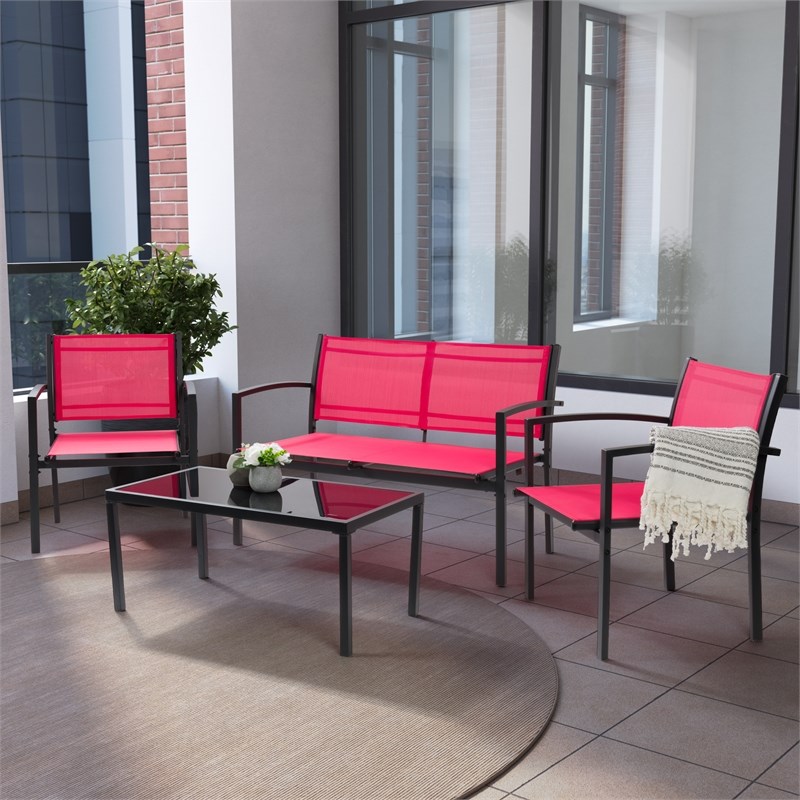 CorLiving Everett Red Mesh Seat and Metal Frame Conversation Set - 4pc