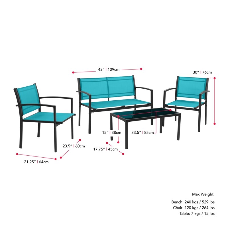 CorLiving Everett Teal Blue Mesh Seat and Metal Frame Conversation Set - 4pc