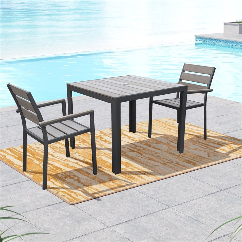CorLiving 3pc Sun Bleached Charcoal Aluminum Patio Dining Set with Square Table
