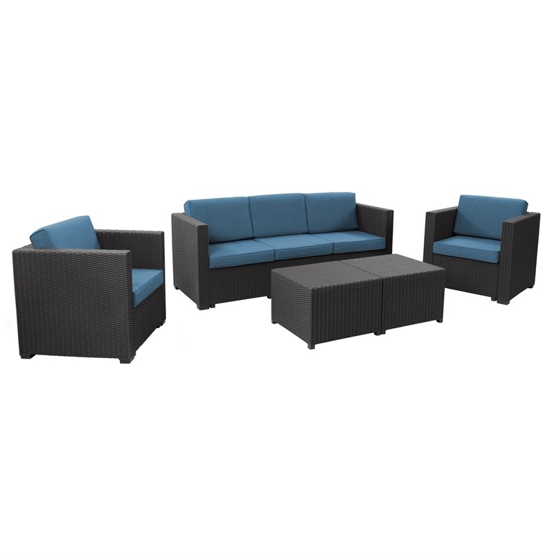 CorLiving Lake Front Black Wicker / Rattan Patio Set with Blue Cushions - 5pc