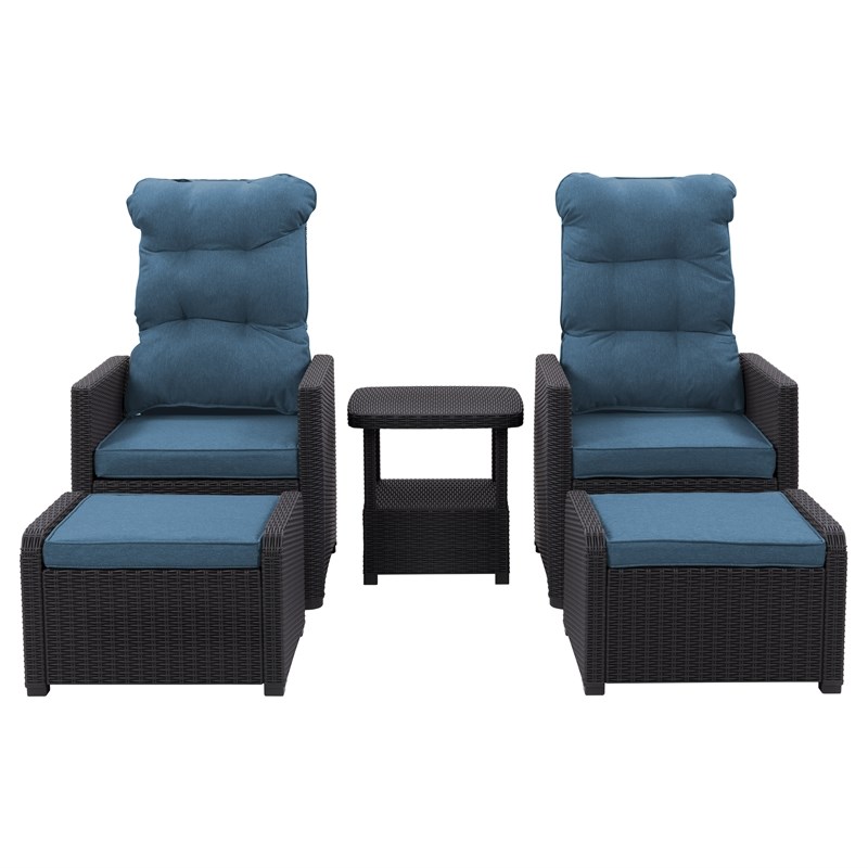 CorLiving Lake Front Wicker / Rattan Patio Recliner and Ottoman Set in Blue  5pc