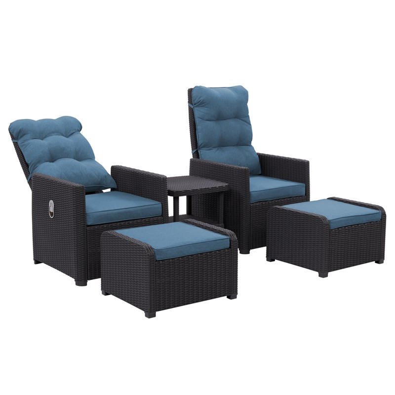 CorLiving Lake Front Wicker / Rattan Patio Recliner and Ottoman Set in Blue  5pc