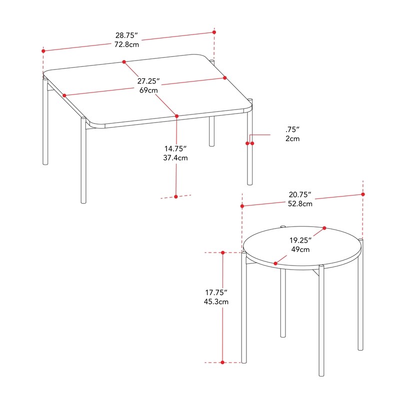 Arlo Black Marbled Finish Coffee and Side Table Set with Black Metal ...