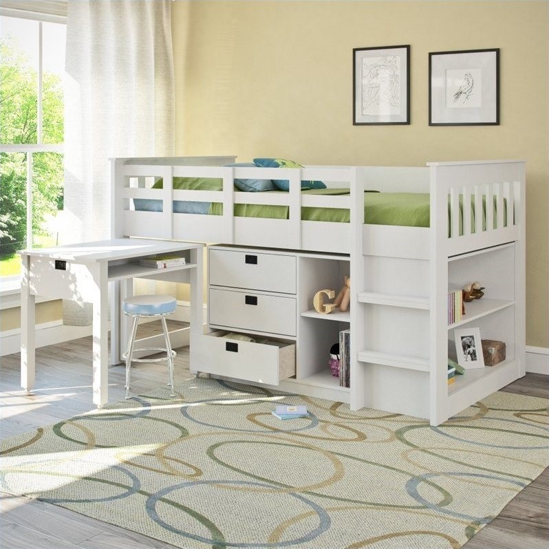 CorLiving Madison Single Desk and Storage Twin Loft Bed in Snow White
