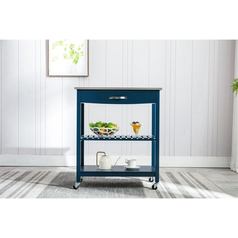Boraam Holland Wood Kitchen Cart with Stainless Steel Top in Navy Blue