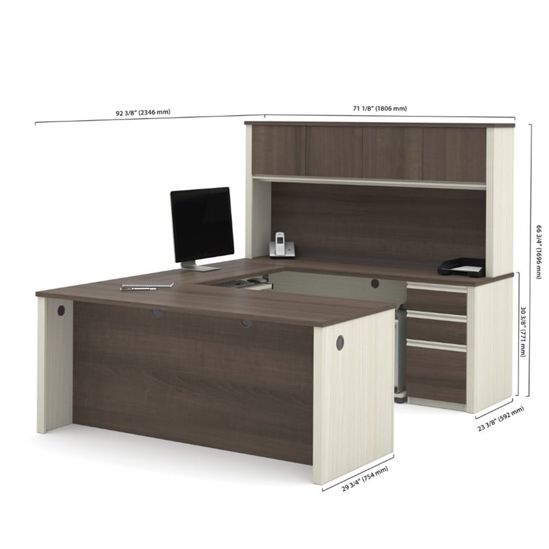 Bestar Prestige Plus U-Desk with Hutch in White Chocolate and Antigua