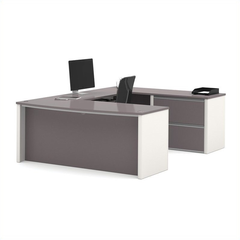 Bestar Connexion U-Shape Home Office Set with 1 Oversized Pedestal in Sandstone and Slate