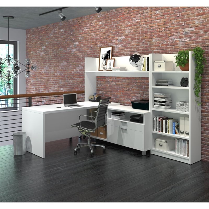 Bestar Pro-Linea L-Shaped Home Office Desk with Bookcase in White