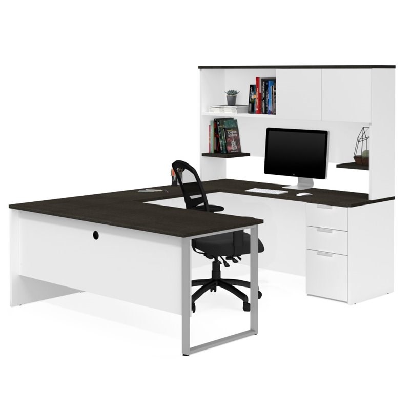 Bestar Pro Concept Plus U Desk with Hutch in White and Deep Gray