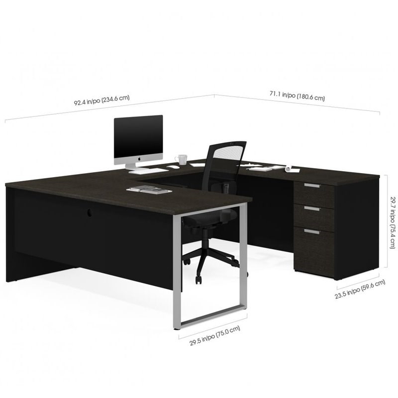Bestar Pro Concept Plus U Desk with 4 Door Hutch in Deep Gray and Black