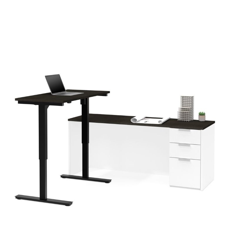 Bestar Pro Concept Plus Height Adjustable L Desk in White and Deep Gray