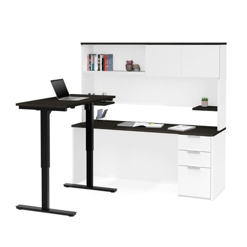 Bestar Pro Concept Plus Adjustable L Desk with Hutch in White and Deep Gray