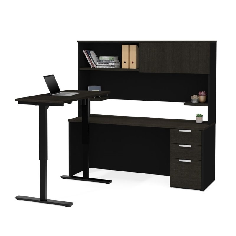 Bestar Pro Concept Plus Adjustable L Desk with Hutch in Deep Gray and Black