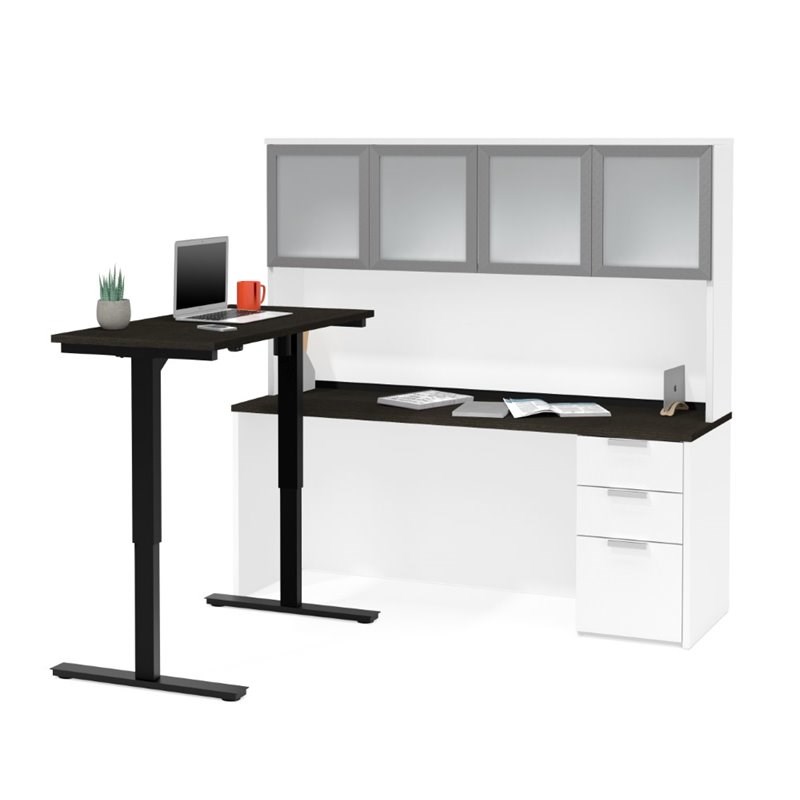 Bestar Pro Concept Plus Adjustable L Desk with Hutch in Deep Gray and White