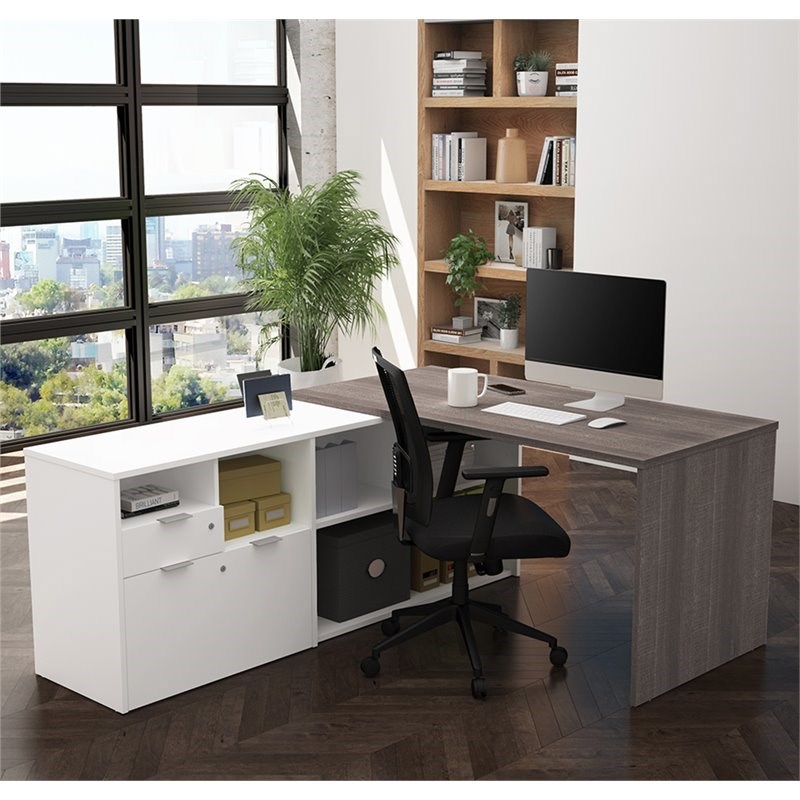 Bestar i3 Plus L Shape Computer Desk in Bark Gray and White