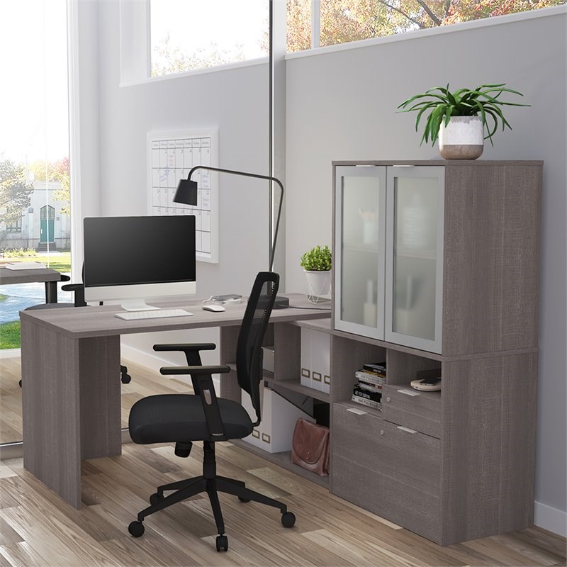 Bestar i3 Plus L Shape Computer Desk with Hutch in Bark Gray Homesquare
