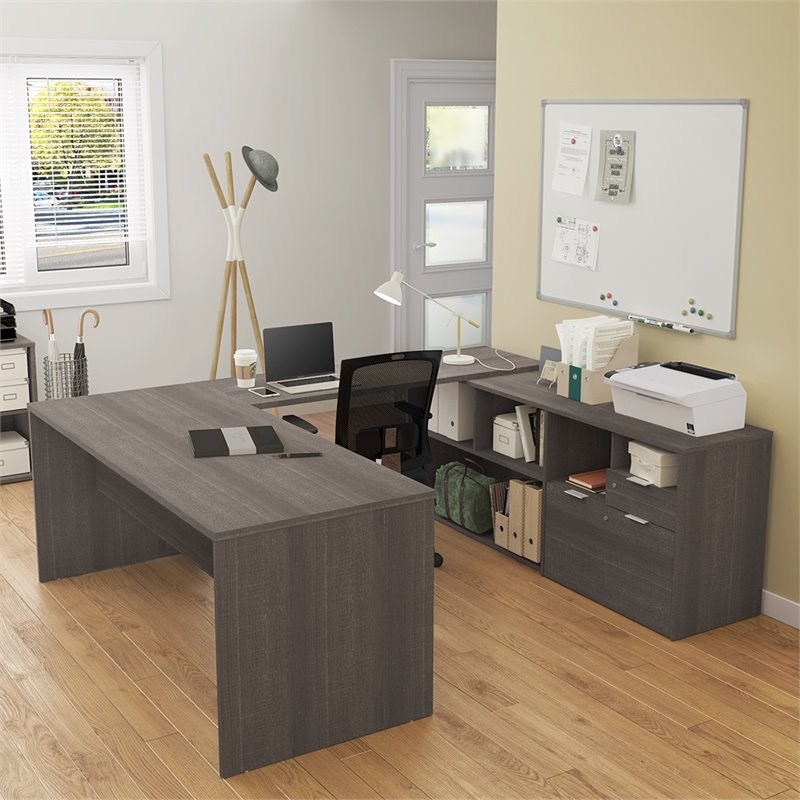 Bestar i3 Plus U Shape Computer Desk in Bark Gray