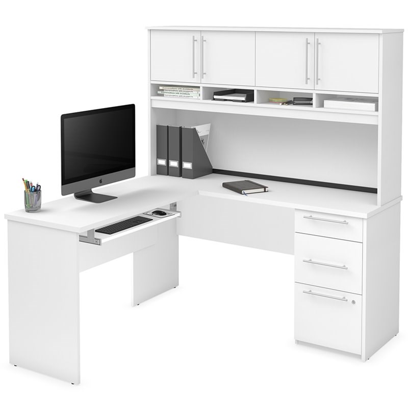 Bestar Innova Plus L Shaped Computer Desk with Hutch in White
