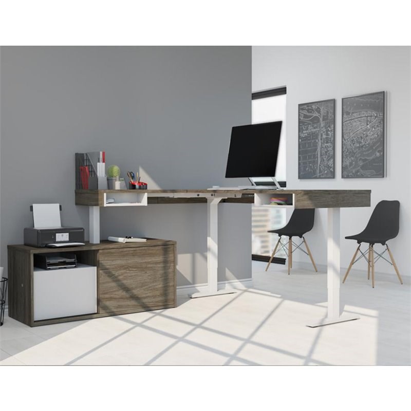 Bestar Pro-Vega L Shaped Adjustable Standing Desk with Credenza in Walnut Gray